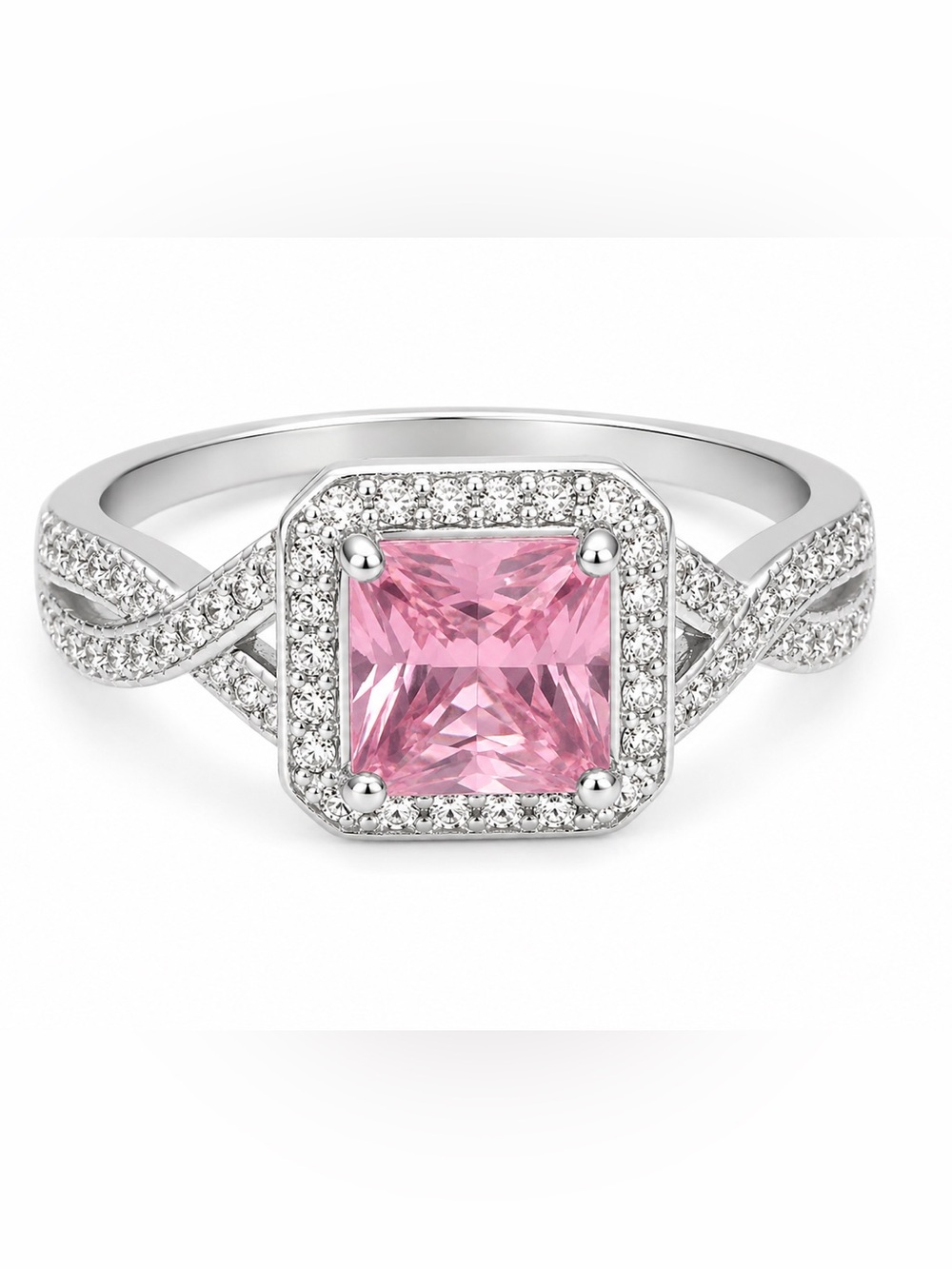 Pink Square Halo Ring in Sterling-Style Silver